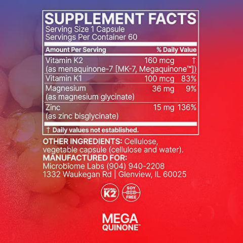 MegaQuinone – Suplemento de Vitamina K com Vitamina K2 MK7 e Vitamina K1 – com Magnésio Quelado e Zinco para Melhor Absorção (60 Cápsulas) - Microbiome Labs