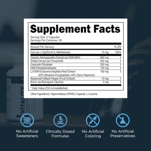 Transparent Labs - Vitality Testosterone Booster – Suplemento de Testosterona para Homens com Ashwagandha KSM 66 e Extrato de Shilajit PrimaVie