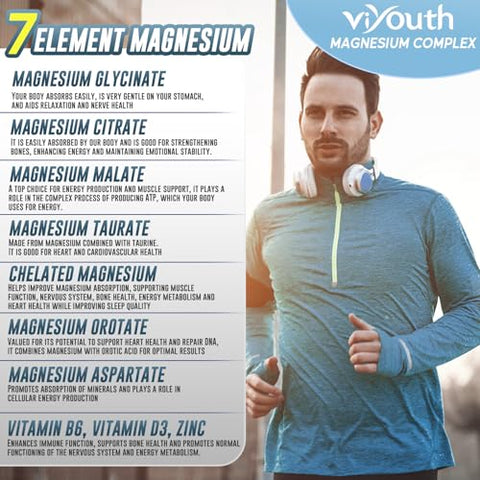 VIYOUTH - Magnésio Glicinato Suplemento, Complexo Avançado de Magnésio 7 com Citrato Malato Quelato Taurato Orotato Aspartato, Cápsulas de Magnésio com Zinco, Vitamina D3