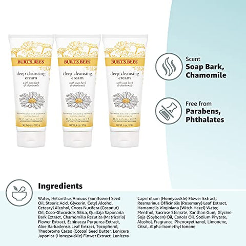 Burt's Bees - Burt’s Bees Face Wash, Creme de Limpeza Facial Profunda, Limpeza Natural com Camomila, 6 Ounce (Pack de 3) (Embalagem Pode Variar)