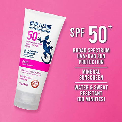 Protetor Solar Mineral para Bebês BLUE LIZARD com Óxido de Zinco, FPS 50, Resistente à Água, Proteção UVA/UVB com Tecnologia de Tampa Inteligente – Sem Fragrância, Tubo de 3 ml (Pacote com 2)