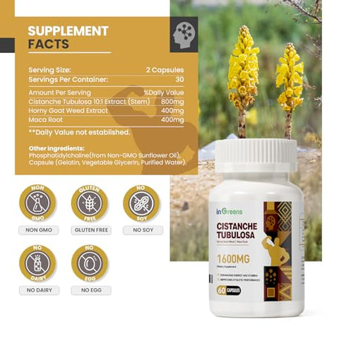 inGreens - Cistanche Tubulosa 1600MG: Energizante com Extrato de Horny Goat Weed e Maca, Força e Equilíbrio Hormonal para Homens