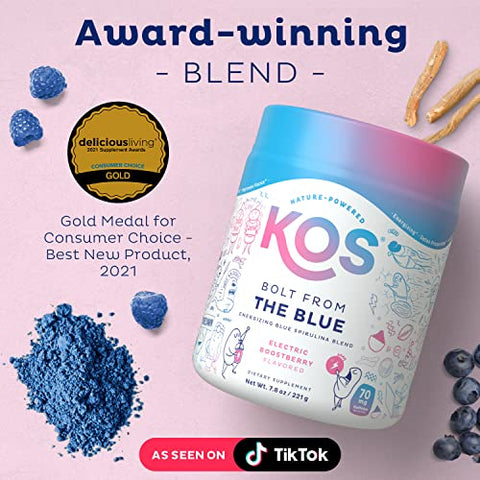 Energizing Blue Spirulina Blend – Certificado Orgânico USDA – Vitaminas do Complexo B, Ashwagandha, Ginseng, Adaptógenos, Biotina – Pré-treino Vegano em Pó – Cafeinado, Sabor de Frutas Vermelhas, 28g - KOS