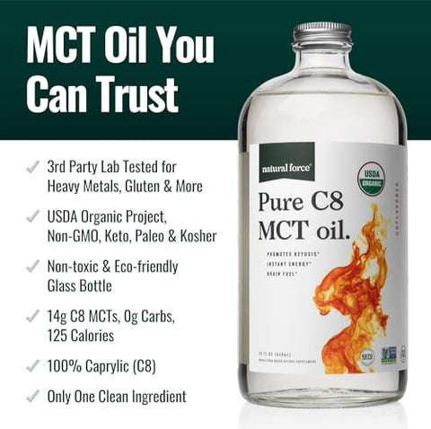 Óleo de MCT Puro C8 Orgânico Natural Force – Frasco de Vidro – Ácido Caprílico Concentrado – Keto, Paleo, Kosher, Vegano – 100% Natural