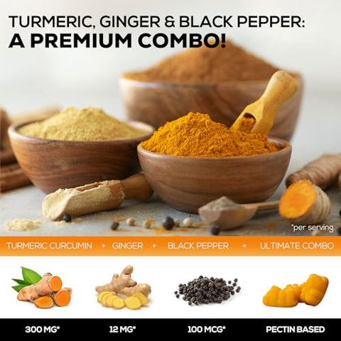 Nature's Nutrition - Gomas de Cúrcuma Curcumina e Gengibre com Extrato de Pimenta Preta, Alta Absorção Potente 95%% Curcuminoides Suplemento de Cúrcuma Curcumina da Natureza, Comprimidos de Goma de Cúrcuma para Articulações