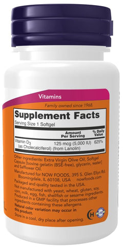 Vitamina D3 (Colecalciferol) – 5.000 UI, 360 Softgels – Alta Potência para Saúde Óssea e Suporte Imunológico, Estimulante de Humor – Halal, Kosher – 360 Unidades (Pacote de 1) - NOW Foods