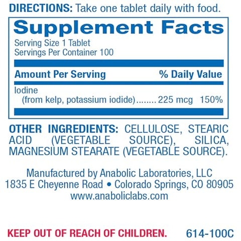 Anabolic Laboratories - Suplemento de Algas Marinhas com Iodo para Homens e Mulheres – 225 mcg de Iodo Natural – 100 Comprimidos Vegetarianos para a Saúde da Tireoide