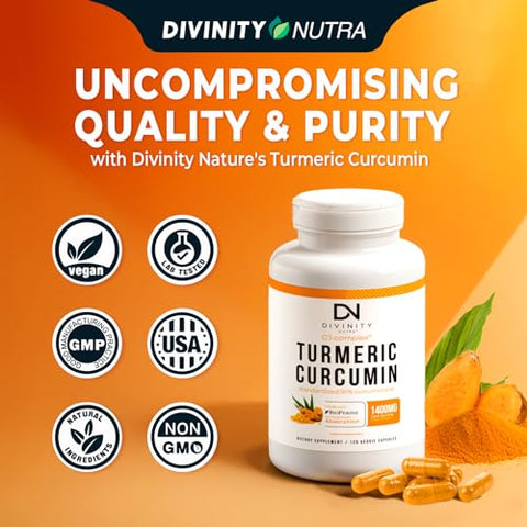 Divinity Nutra - Turmeric Curcumin com BioPerine Pimenta Preta 1400mg, Suporte Natural GLP-1, Máxima Absorção, Suplemento de Cúrcuma para Suporte Articular com 95%% Curcuminoides Padronizados C3