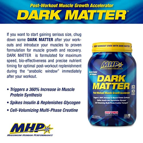 Maximum Human Performance - MHP Dark Matter Pós-Treino, Acelerador de Recuperação, c/ Creatina de Fases Múltiplas, Carboidrato de Milho Ceroso, 6g EAAs, Sabor Frutas Vermelhas, 20 Porções, 55g
