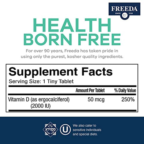 Vitamina D2 2000 UI – Certificado Kosher – Alta Potência Ergocalciferol D2 – Vitamina D Vegana 2000 UI para Adultos – Vitamina D Vegetariana 2000 Unidades – FREEDA - FREEDA