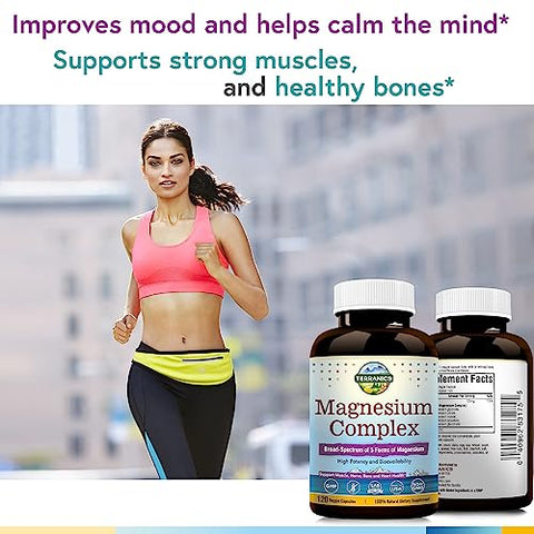 Complexo de Magnésio 500mg, 120 Cápsulas Vegetais, Glicinato, Citrato, Malato, Aspartato, Gluconato, Melhor Absorção, Sono, Saúde Muscular e Cardíaca, Vegano, Não-OGM - Terranics