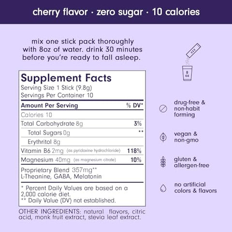 Pó para Bebida Calmante para um Sono Repousante, Melatonina 3mg, Magnésio, Vitamina B6, L-Teanina, GABA – Vegano, Zero Açúcar, Amigo da Dieta Keto – Cereja, 30-Pack - Som Sleep