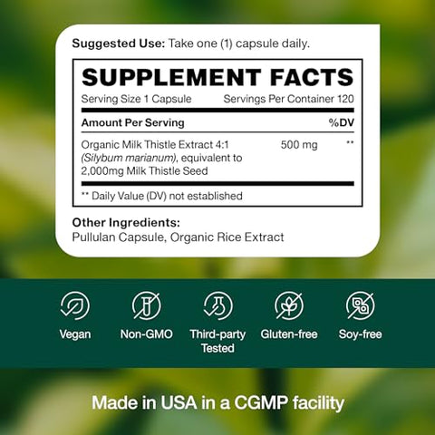 Suplemento de Cardo de Leite Orgânico Fresh Nutrition – 2000mg de Potência Poderosa – Fornecimento de 4 Meses – Extrato Padronizado de Semente de Cardo de Leite 4:1 – Fabricado nos EUA – 120 Cápsulas