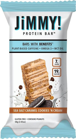 JIMMYBAR - JiMMY’S! Barra de Proteína Funcional – Caramelo com Sal Marinho Cookies N’ Cream – 12 Unidades – 18g Proteína – Cafeína, Ômega 3 e Óleos MCT – Baixo teor de açúcar, sem glúten
