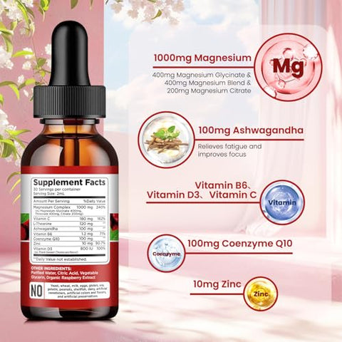dilib - Complexo de Magnésio Triplo, Magnésio Glicinato, Treonato, Citrato – Gotas Líquidas 1000mg com Ashwagandha, CoQ10, Vitamina B6, C, D, Zinco – Sabor Framboesa Vegano