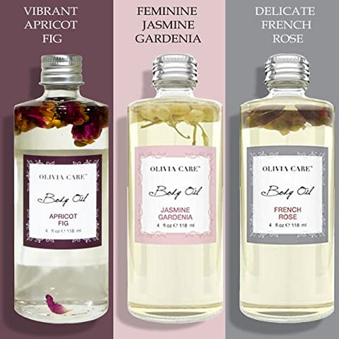 Óleos Corporais Olivia Care 3 Pack: Damasco Figos, Rosa Francesa, Jasmim Gardênia – Perfumes Naturais Para Mulheres
