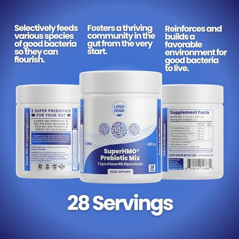 Mix Prebiótico Layer Origin SuperHMO com 5 HMOs para Saúde Intestinal, Digestão e Cérebro – Pó, 28 Porções