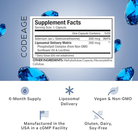 Selenium 200 mcg – Suplemento de 6 Meses, Suporte Imunológico, Cofator Mineral Selenometionina, Fosfolipídios, Vegano, Entrega Lipossomal, 180 Cápsulas - Codeage
