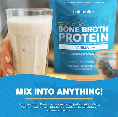 Proteína em Pó de Caldo de Osso 100%% Alimentado com Grama – Baunilha – Rico em Colágeno para Cabelo, Pele, Saúde Intestinal, Suporte Ósseo e Articular – 28 Porções - Paleovalley