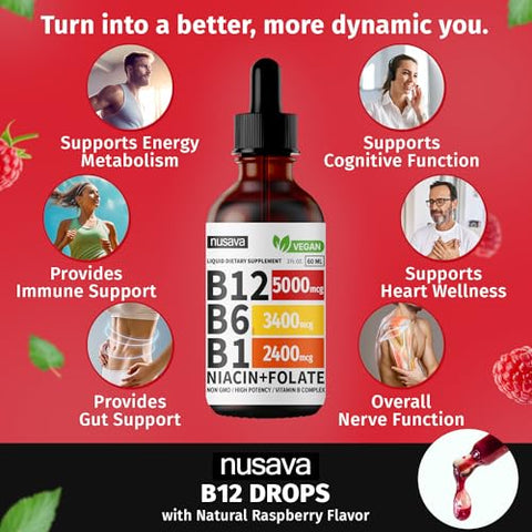 NUSAVA - (2 Pacotes) Gotas Líquidas de Vitamina B12, B12 Sublingual 5000 mcg, Complexo de Vitamina B com Vitamina B6, B12 Methylcobalamin Líquida Suporta Energia, Cérebro