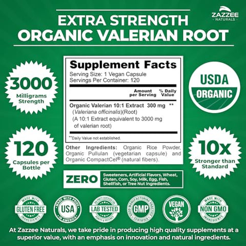 Valeriana Orgânica USDA Extrato 10:1, 3000 mg, 120 Cápsulas Veganas, 4 Meses de Suprimento, Potência 10X, 100% Vegetariano, Natural, Não-OGM - Zazzee