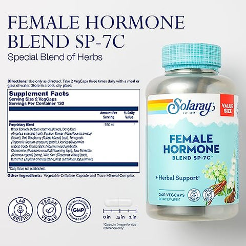 SOLARAY - Solaray Female Hormone Blend SP-7C – Suporte Herbal para Equilíbrio Hormonal Feminino com Black Cohosh, Dong Quai, Wild Yam e Mais – Vegano, Verificado em Laboratório, Garantia de 60 Dias – 120 cápsulas