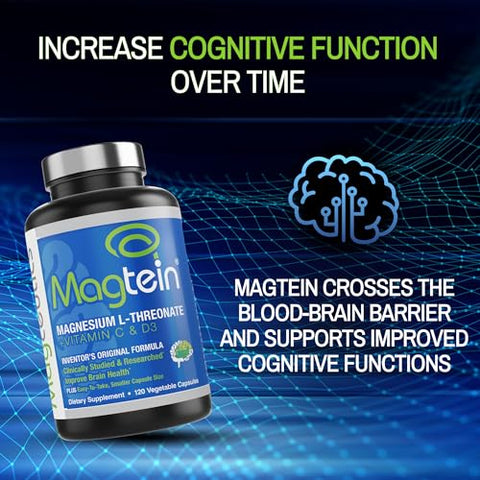 Magceutics - Magtein Magnésio L-Treonato para Melhorar Cognição, Foco, Memória, Qualidade do Sono e Saúde Cerebral – 120 Cápsulas Vegetais