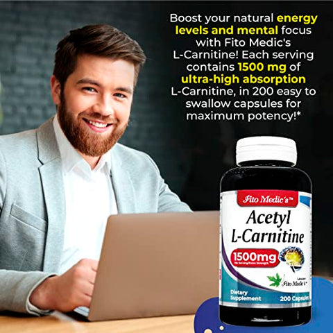 FITO MEDIC'S - Lab – L-Carnitina – 1500 mg por Porção, 200 Cápsulas – Alta Potência de Acetil L-Carnitina – Suporta Produção Natural de Energia, Memória e Foco – Carnitina