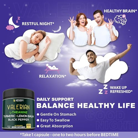 Herbpy - Cápsulas de Raiz de Valeriana 5 em 1 5150mg com L-Teanina, Melissa, Cúrcuma e Extrato de Pimenta Preta para Relaxamento, Noite de Descanso e Digestão