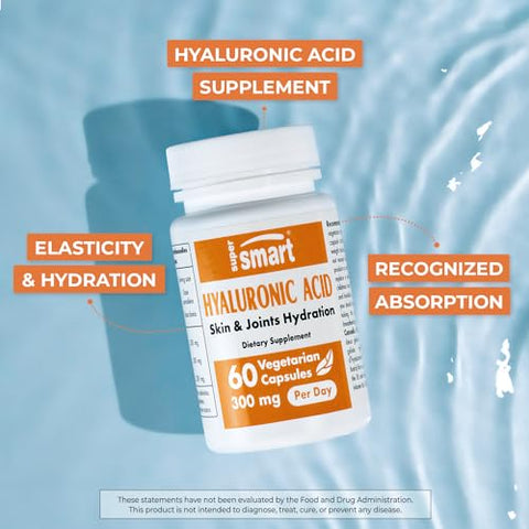 Suplemento de Ácido Hialurônico 300mg por Dia (Hialuronato de Sódio) – Alto Peso Molecular 1.2 Milhão de Daltons | Não-OGM | Alta Visibilidade em Buscadores - Supersmart