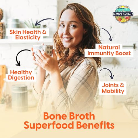 Proteína em Pó de Caldo de Osso Orgânico de Carne Bovina 100% Natural, Rico em Probióticos Ativos, Colágeno Peptídeo 15g de Proteína, Baixo Teor de Sódio, Benefícios para Pele, Cabelo, Articulações e Intestino - Paradise Naturals