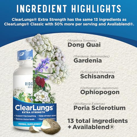 ClearLungs Extra Strength – Fórmula Natural para Saúde Pulmonar, Nasal, Brônquica, Respiratória, Sinusal e Suporte de Muco (60 Cáps, 30 Serv) - RidgeCrest Herbals