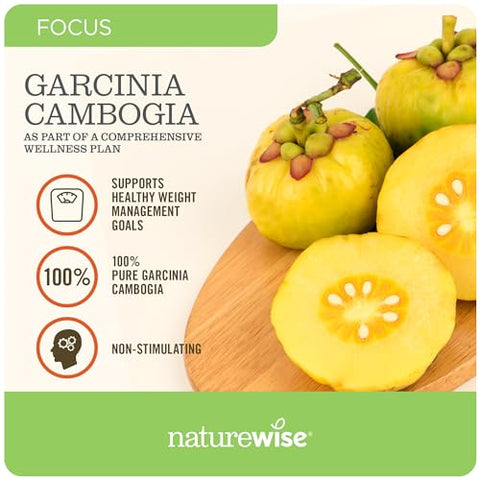NatureWise - Naturewise Garcinia Cambogia Extrato Natural – Concentração de 60% HCA – Suporte Natural para Metas de Peso e Energia – Vegano, Não-OGM, Livre de Glúten – 90 cápsulas