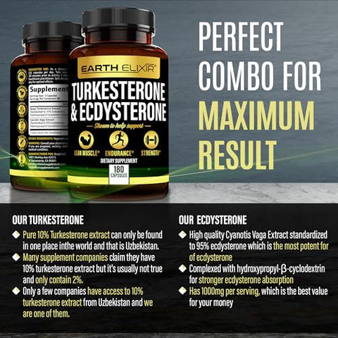 Earth Elixir - Turkesterone 1000mg e Ecdysterone 1000mg (180 Cápsulas) – 2 Meses de Fornecimento – Testado por Terceiros – Suplemento Turkesterone para Homens (Ajuga Turkestanica) com 95% Beta – Marca Turkesterone