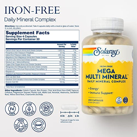 SOLARAY - Solaray Mega Multi Mineral Sem Ferro, Cápsulas de Vitaminas (200 Cápsulas, 50 Porções)