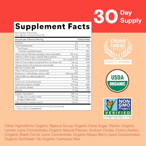 Gomas Multivitamínicas Orgânicas para Crianças: Ômega 3 (ALA), Vitamina D3, C, B12, B6, A, K | 60 g - SmartyPants