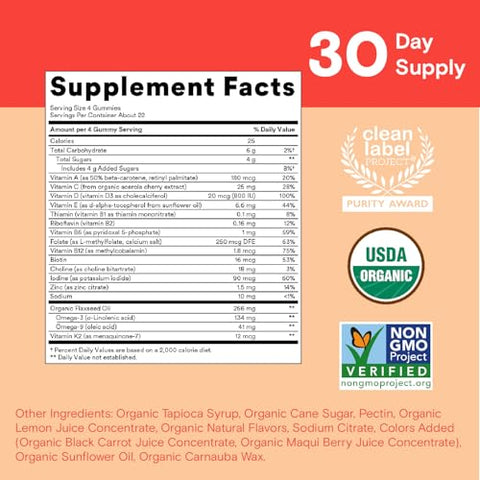 Gomas Multivitamínicas Orgânicas para Crianças: Ômega 3 (ALA), Vitamina D3, C, B12, B6, A, K | 60 g - SmartyPants
