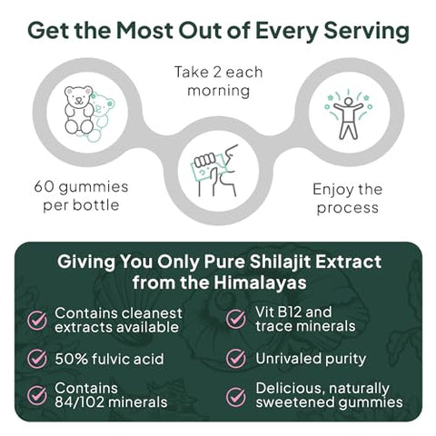 Organics Ocean - Shilajit para Homens e Mulheres – Suplemento Natural de Shilajit com Vitamina B12, Cromo e Selênio para Energia, Suporte Hormonal e Mais – 60 Gomas de Shilajit