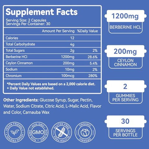 EAZGOO - Berberine Gummies 2 Unidades – 1200mg com Canela do Ceilão para Metabolismo e Energia, Vegano Sem Gelatina – 120 Unidades