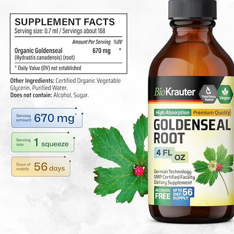 BIO KRAUTER - Extrato Líquido de Raiz de Hydrastis Canadensis – Tintura Vegana de Hydrastis – Suplemento de Erva Hydrastis – Extrato de Hydrastis Livre de Álcool – Gotas de Hydrastis Sem Açúcar – 118 ml