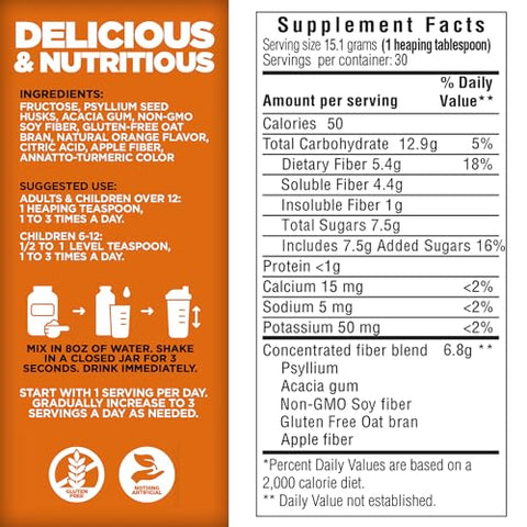 Fórmula Diária de Fibra 16 oz (Pacote com 2) – Suplemento Premium de Fibra Dietética, Sem OGM, Sem Glúten, Fabricado nos EUA, Sabor Laranja - Yerba Prima