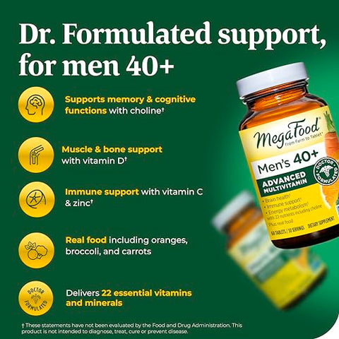 Men’s 40 Advanced Multivitamin – Fórmula do Dr. – Colina, Vitamina B, Vitamina C, Vitamina D, Zinco – 60 cápsulas - MegaFood