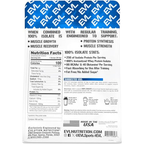 Nutrition 100%% Isolate – Proteína Isolada em Pó, 25g de Proteína de Absorção Rápida, Sem Adição de Açúcar, Baixo Carboidrato, Sem Glúten (Sem Sabor, 454g) - Evlution