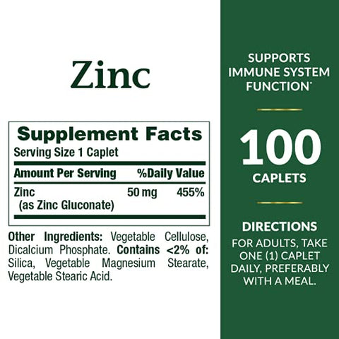 Nature's Bounty - Nature’s Bounty Zinco 50 mg Cápsulas, Sem Sabor, 100 Unidades, Pacote de 2 – Comprimidos de Zinco, Embalagem Dupla
