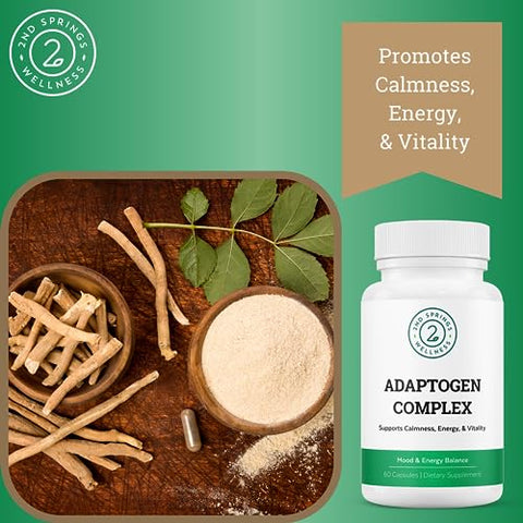 2nd Springs - Adaptogen Complexo Calmante, Energia e Vitalidade – Ashwagandha, Schisandra, Astragalus, Ginseng, Rhodiola e Mais – Promove Equilíbrio, Foco e Bem-Estar Geral – 60 Ct
