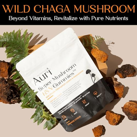 Super Mushroom HSN Gummies – Suplemento Funcional de Cogumelos para Cabelo, Pele e Unhas – com Chaga Selvagem, Clorofila, Luteína e Astaxantina – 60 Gomas de Laranja Cítrica - Auri