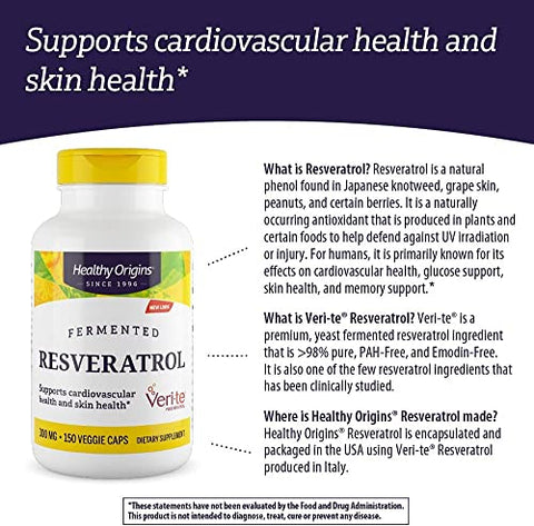 Healthy Origins - Resveratrol Trans-Resveratrol 300 mg – Suplemento Nutricional Europeu de Resveratrol Vegano, Não-OGM