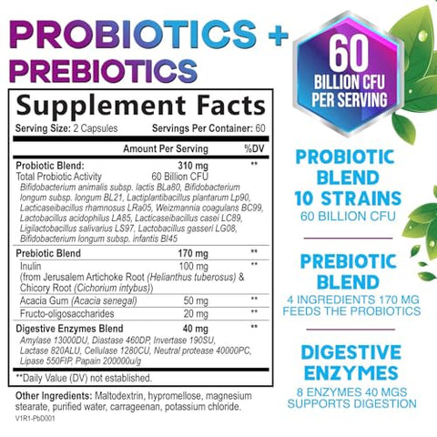 Nature's Nutrition - Suplemento Diário de Probióticos e Prebióticos Acidophilus 60 Bilhões de UFC Cápsula para Mulheres – Marca em Destaque