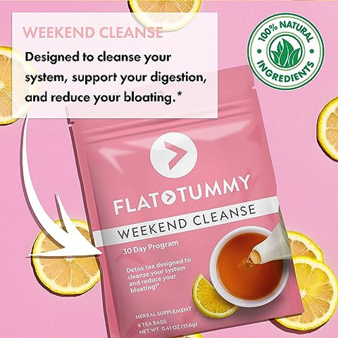 Flat Tummy Tea - Chá Detox Flat Tummy Weekend Cleanse – Programa de 30 Dias – Limpeza Natural do Cólon com Sene e Raiz de Dente-de-leão, Alívio de Inchaço para Mulheres – Suporte à Digestão com Desintoxicação