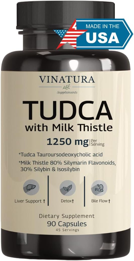 VINATURA - TUDCA Milk Thistle 1250mg – Suporte ao Fígado, Saúde Hepática, Suplemento para Vesícula Biliar *Fabricado e Testado nos EUA*, Suplemento Tudca, Suplemento de Sais Biliares, Suplemento para Saúde Hepática – 90 cápsulas
